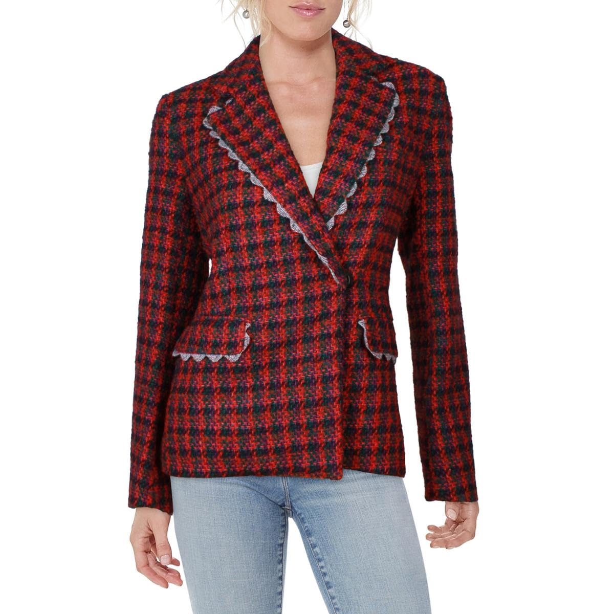 English Factory Womens Plaid Collared One-Button Blazer